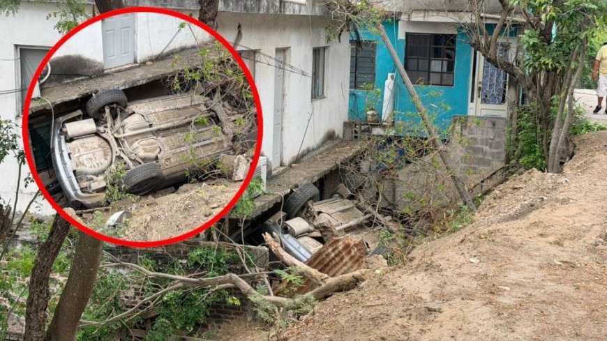 Automóvil vuelca en una barranca y cae dentro de una casa en Tamaulipas: el conductor salió ileso|