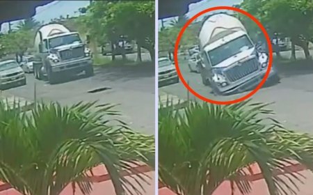 Captan el momento exacto en el que una revolvedora de cemento cae a un socavón en Veracruz | VIDEO