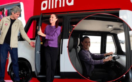 Sheinbaum presenta y conduce Olinia, el primer auto eléctrico mexicano