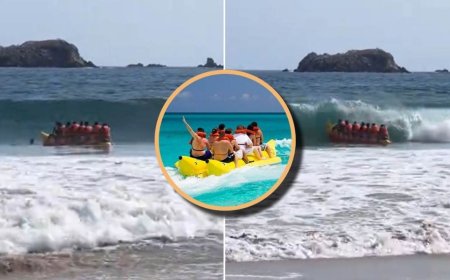 Un paseo en banana terminó de cabeza cuando una fuerte ola volteó la embarcación en Ixtapa-Zihuatanejo
